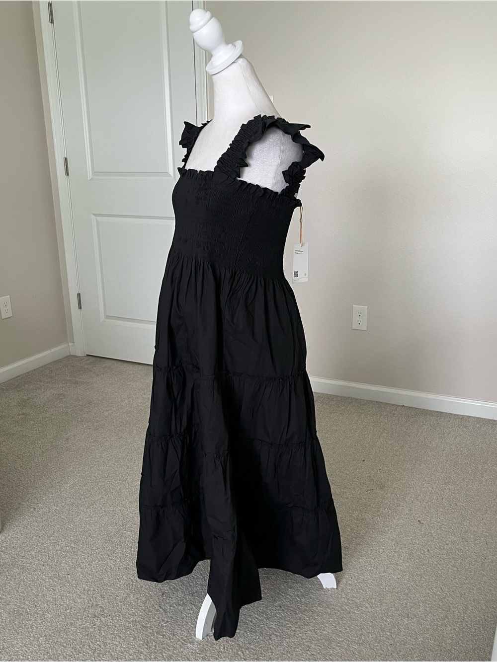 NWT Quince Maternity Black Smocked Poplin Tiered Midi Dress Size Small